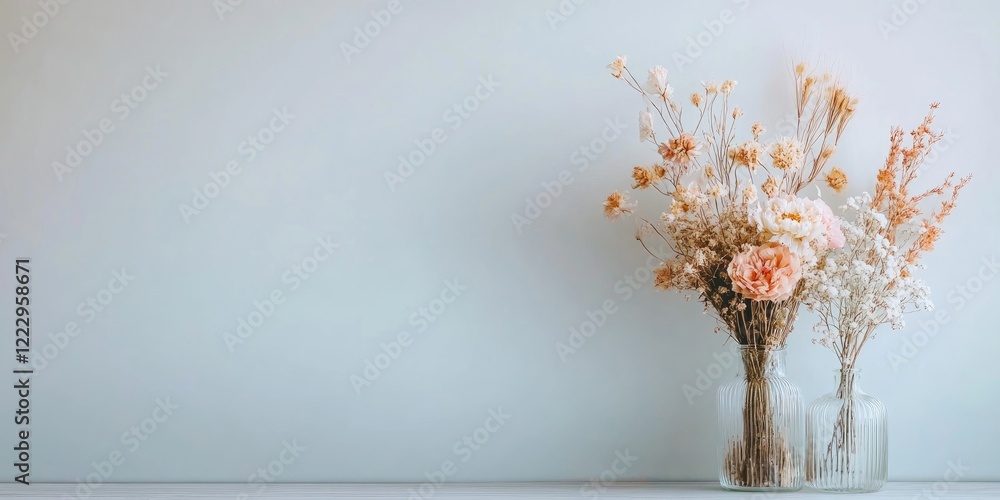 Aufkleber Elegant floral composition featuring dried and fresh blooms in glass vases with soft neutral background for versatile text placement