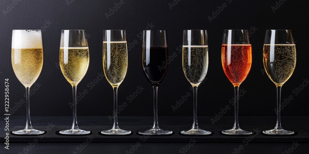 Poster elegant champagne glass selection on dark background with empty space for text in an upscale setting