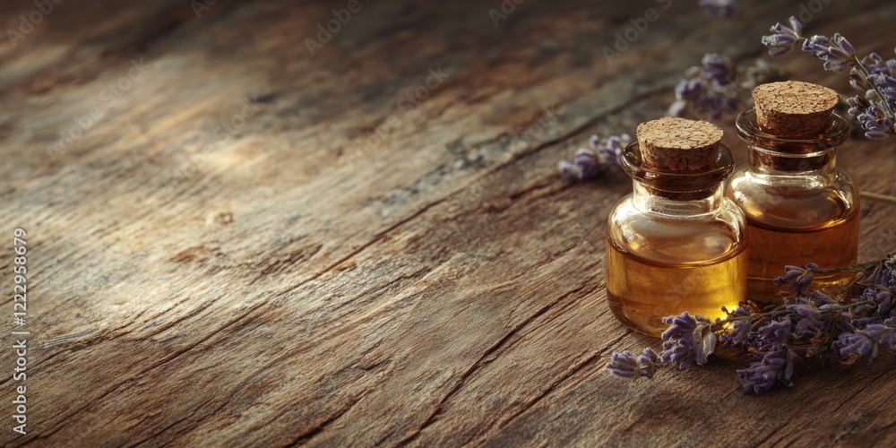Poster elegant essential oil bottles with cork stoppers on a rustic wooden table surrounded by lavender flo