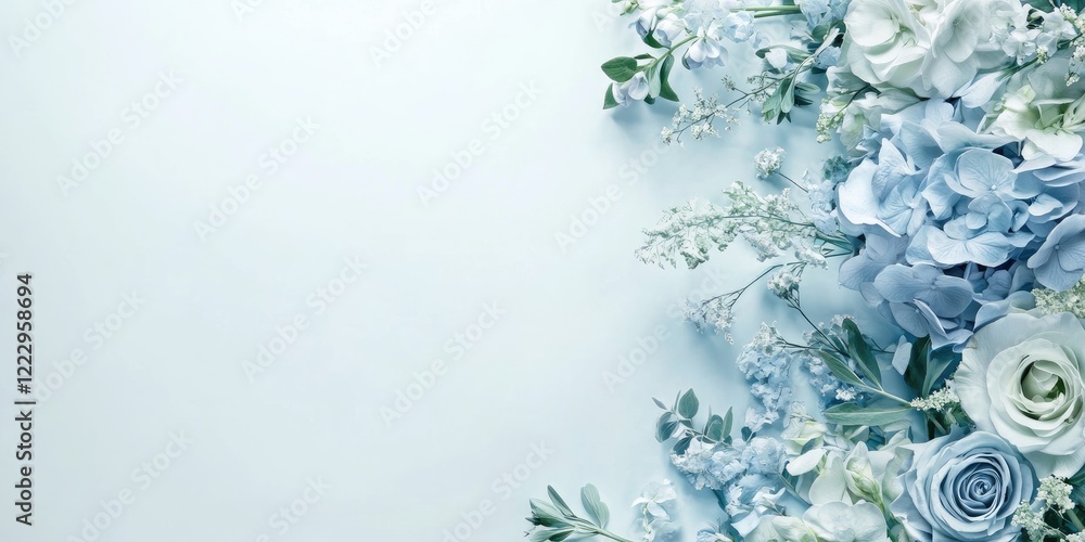 Fototapete elegant blue floral arrangement with roses and hydrangeas creating a serene backdrop with ample spac