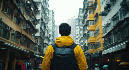 Fototapeta premium Exploring a vibrant urban alley in Hong Kong on a rainy day with a man in a yellow jacket