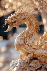Fototapeta premium Golden Dragon Statue on Rock