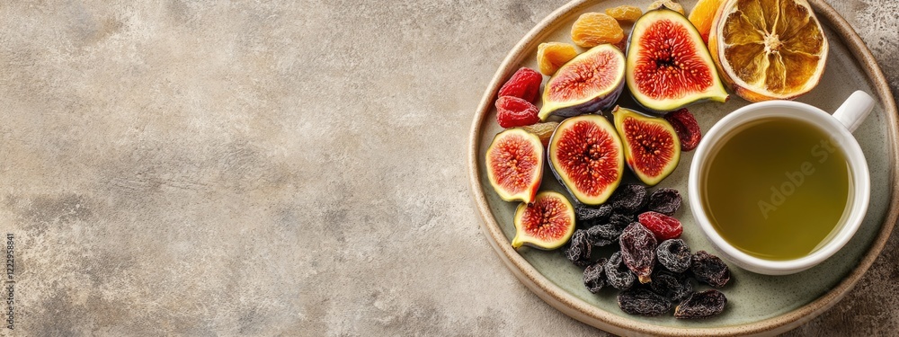 Poster Dried fruits and figs with a cup of green tea on a plate and empty space for text on textured background for healthy eating concepts