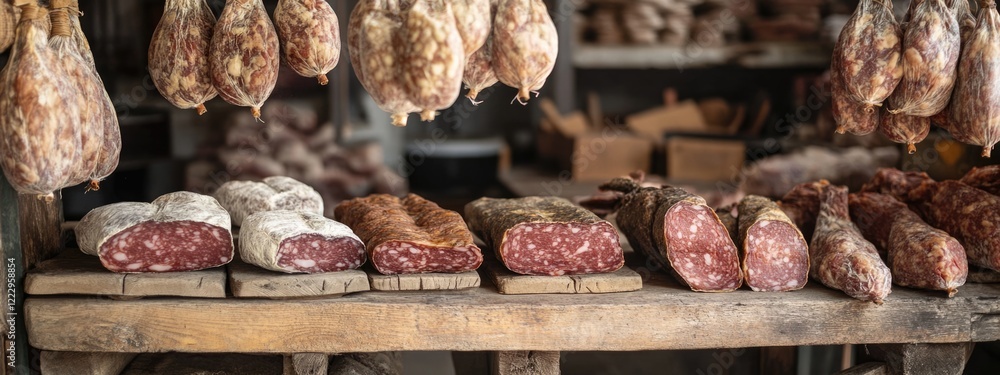Poster Dried cured meats arranged on rustic wooden boards in a workshop with ample space for text and branding opportunities