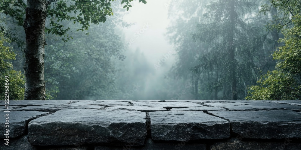 Poster Misty forest backdrop with dark slate surface providing ample empty space for text and design elements in a serene, natural setting.