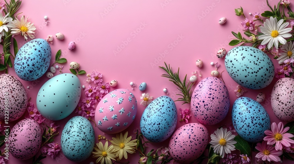 Poster assorted pastel easter eggs with spring flowers arranged on pink background creating a cheerful fest