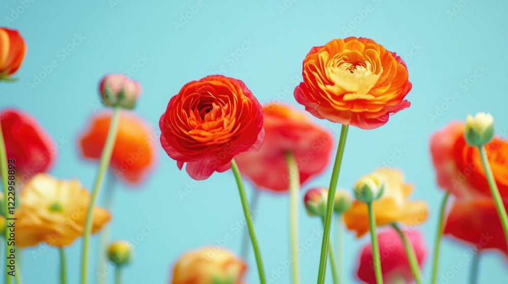 Poster Vibrant red and orange flowers with soft blue background in vertical orientation featuring empty space for text and artistic display