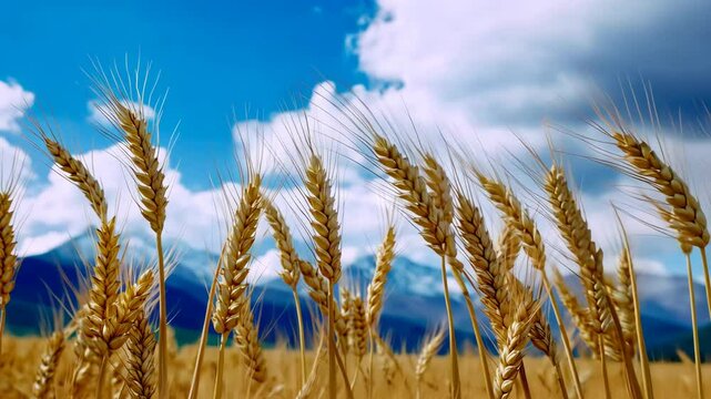 Close-up of barley against distant snow capped mountains.