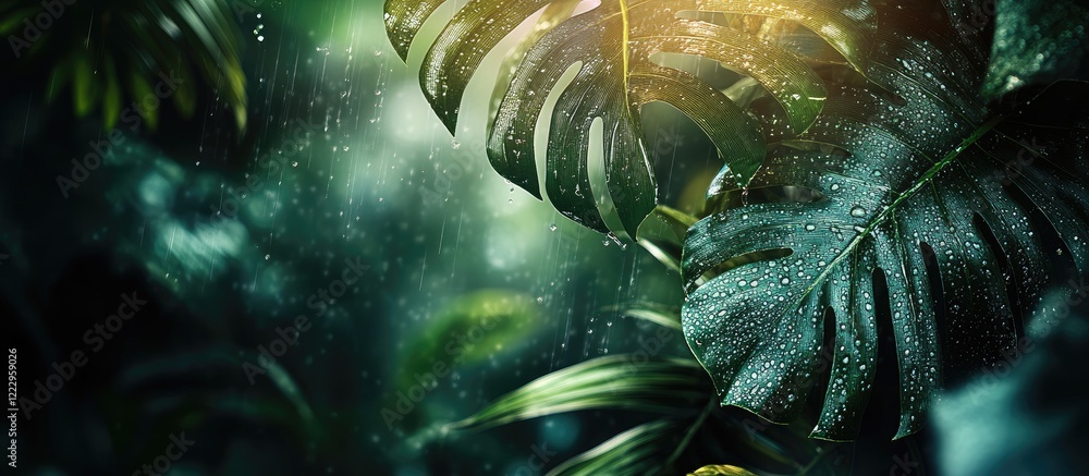 Poster tropical rainforest with water droplets on lush green leaves creating a serene and magical atmospher