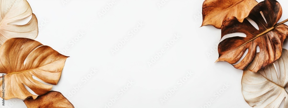 Leinwandbilder Dried Monstera Leaves Frame on White Background with Copy Space for Text and Design Elements