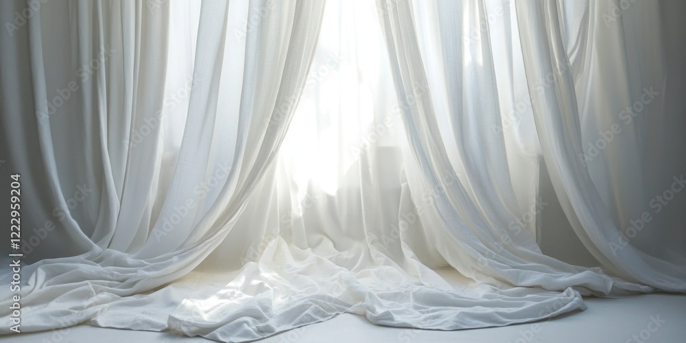 Poster Elegant white draped fabric in soft natural light creating a serene atmosphere with ample empty space for text or design elements.