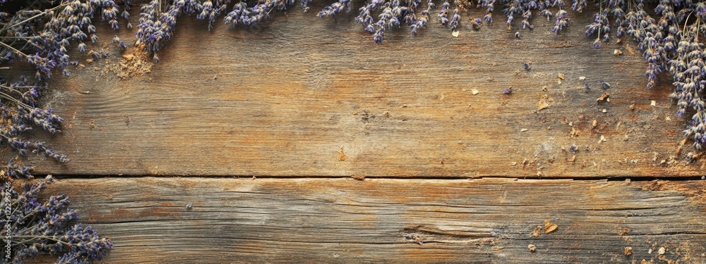 Aufkleber dried lavender blossoms arranged on a rustic wooden table creating a beautiful backdrop with ample c