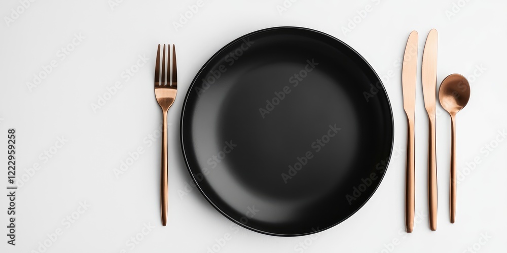 Aufkleber elegant dining setup featuring a black plate and rose gold utensils on a minimalist background with 