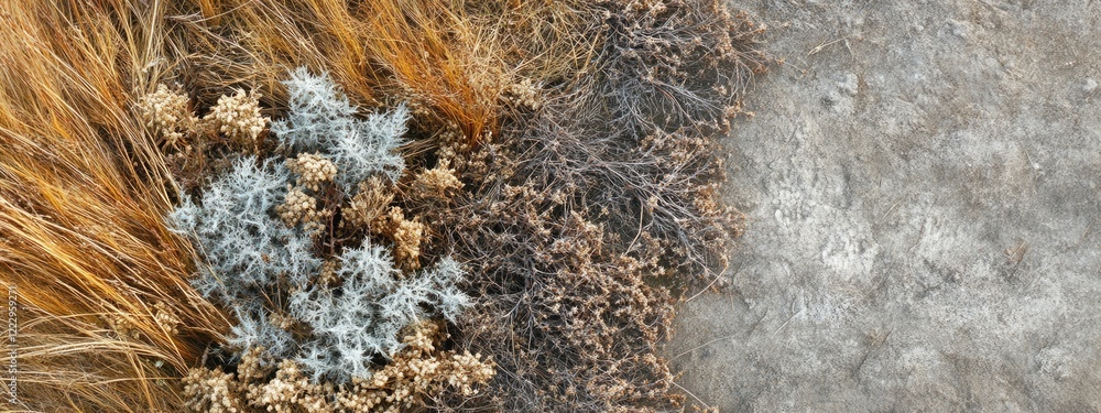 Poster dried grass and plants in a barren field creating an open space suitable for text or design elements