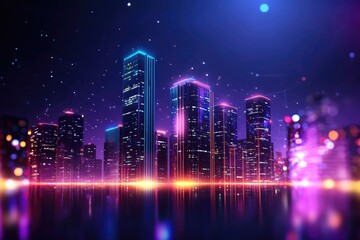 Illustrate a futuristic city skyline with blockchain-inspired architecture, demonstrating real-world applications and scalability in an urban environment