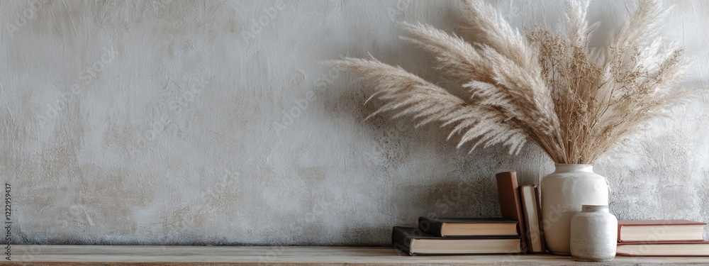 Poster Dried pampas grass in a vase on a table with books against a textured wall providing empty space for text or design elements