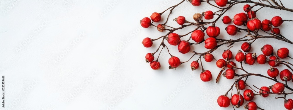 Aufkleber Dried hawthorn berries in a minimalistic setting on a bright background with ample space for text or design elements.