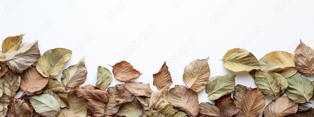 Poster Dried leaves arranged on a white background creating a natural frame with ample empty space for text or design elements.