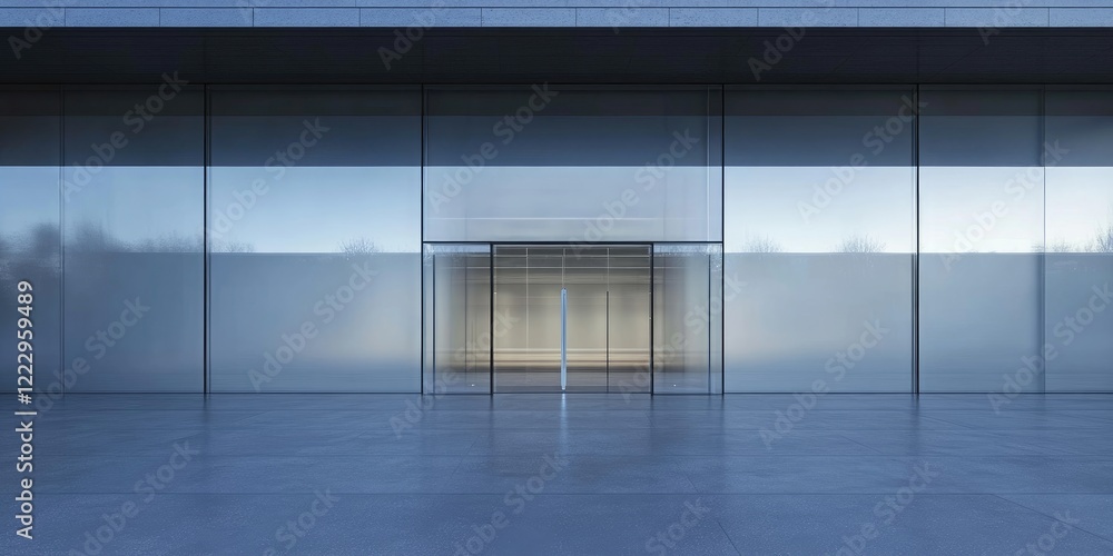 Poster sleek glass facade of modern architecture showcasing minimalist design and ample space for branding 