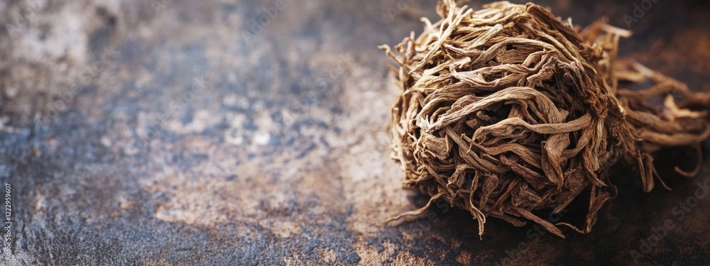 Poster Dried valerian root ball on rustic surface with aromatic notes and ample negative space for text or product placement