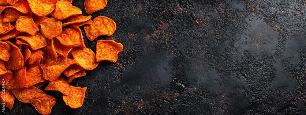 Aufkleber Dried carrot chips arranged on a dark surface with selective focus creating a snack background and ample space for text or branding.