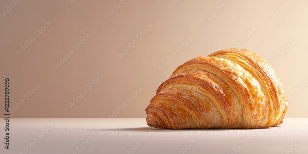 Poster Freshly baked croissant showcasing flaky layers with soft lighting and ample space for custom text placement.
