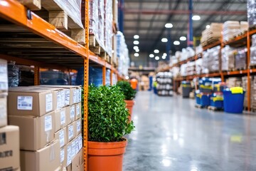 Fototapeta premium warehouse organization systems, a well-structured storage area with labeled shelves and color-coded bins, neutral background,