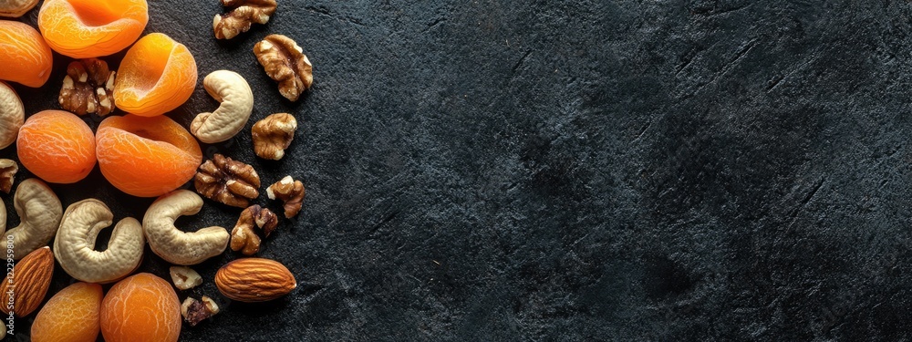 Poster dried fruits and nuts on dark textured surface with ample space for text or branding showcasing heal