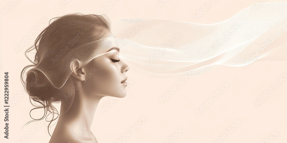 Poster elegant female profile portrait with soft veil and blank space for text in minimalist aesthetic
