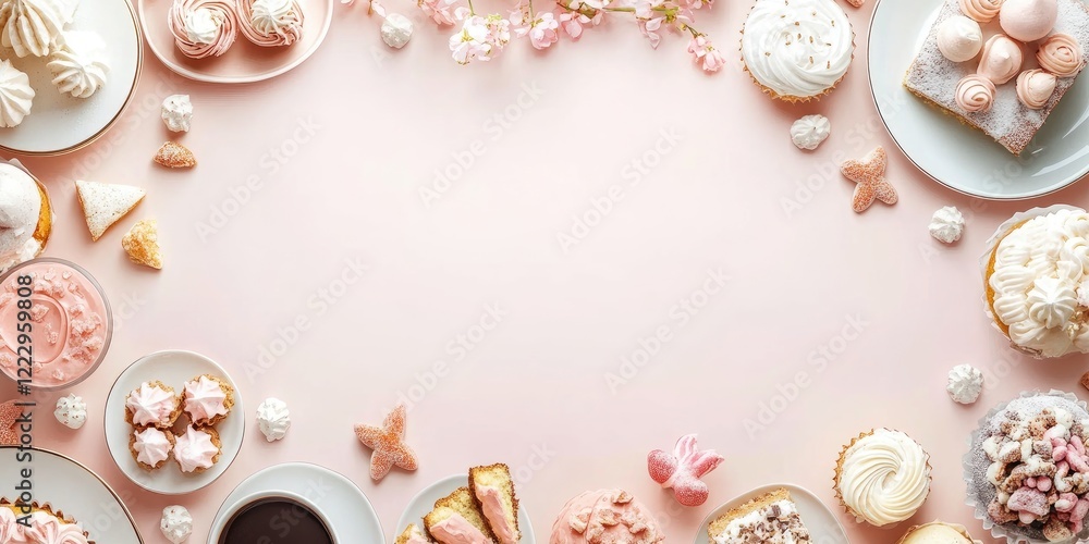 Aufkleber Elegant dessert table flat lay featuring assorted pastries and sweets with soft pink background for copy space and design use.