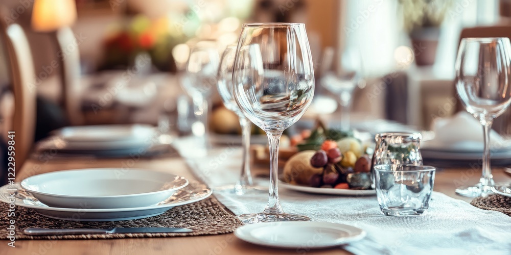 Fototapete elegant dining room setting with tableware and wine glasses in a cozy living space, featuring ample 