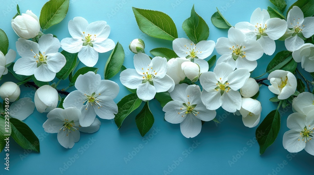 Poster blooming white cherry or apple flowers with leaves on a light blue surface creating a serene spring 