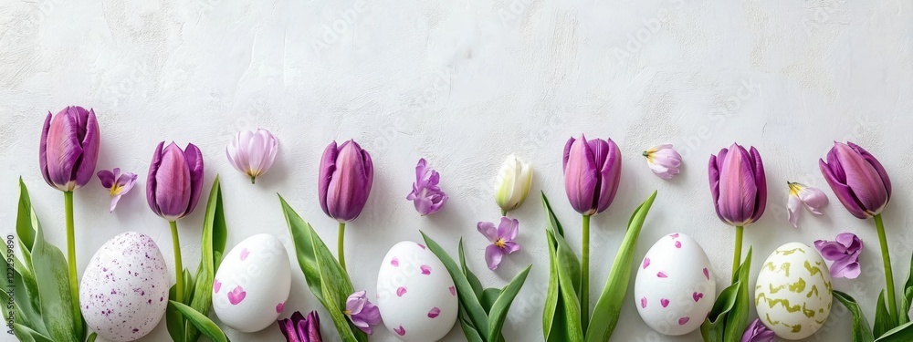 Aufkleber easter eggs with purple tulips on a soft background creating a festive atmosphere with copy space fo