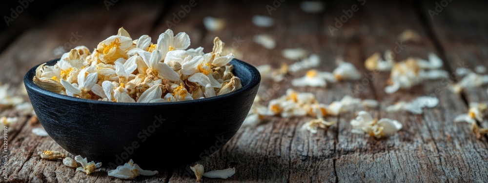 Poster dried jasmine flowers in a black bowl on rustic wooden table with ample space for text or branding i
