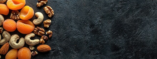 Dried fruits and nuts on dark textured surface with ample space for text or branding showcasing healthy snack options