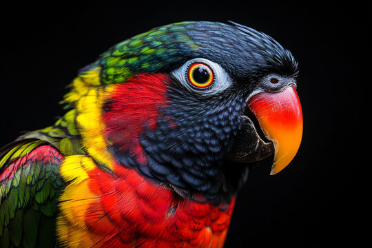 Macro photography of colorful parrot, close-up on black background, sharp focus - Powered by Adobe