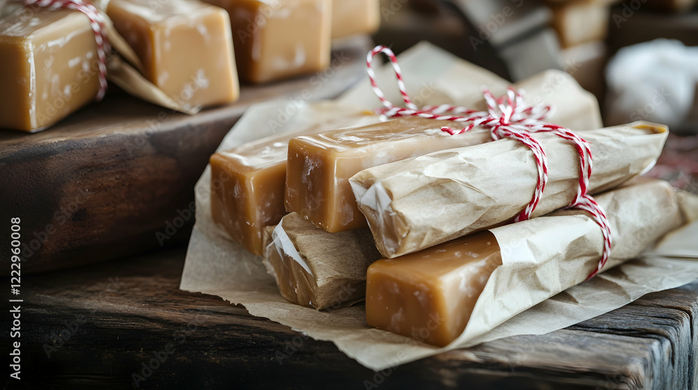 Poster a rustic display of caramel toffees wrapped in natural wax paper, tied with red and white twine