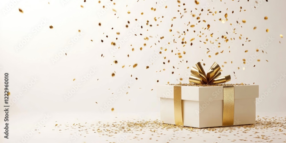 Poster elegant gift box with gold ribbon and scattered confetti on a light background creating an inviting 