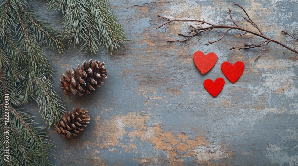 Poster Winter Greetings Card with Fir Pine Branches Pine Cones and Red Hearts on Rustic Board Empty Space for Text Flat Lay Festive Template
