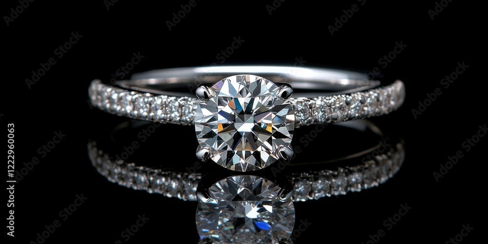 Poster Elegant engagement ring with a dazzling diamond set on a polished band showcasing reflection and ample copy space for customization
