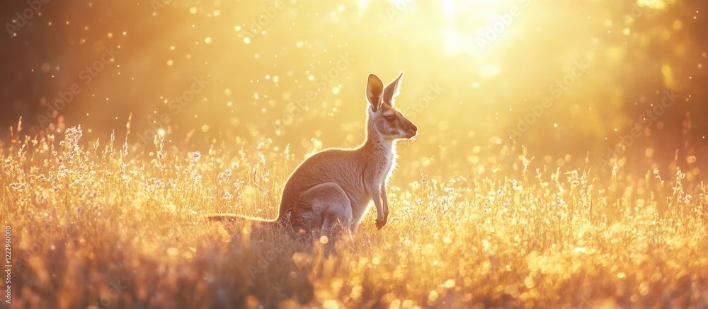 Poster golden backlit prairie with kangaroo silhouette in tranquil setting ideal for text overlay and natur