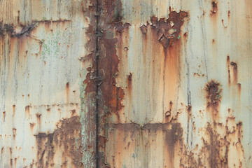 Old rusty metal surface with peeling paint and dirty streaks from rain. Cracked paint texture....
