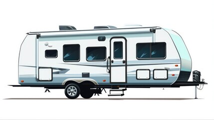 Highly Detailed Travel Trailer RV with Custom Graphics on White Background for Recreational Vehicles, Camping, Vacation and Road Trip