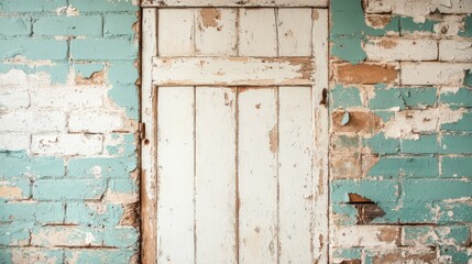 Naklejka premium A faded white door contrasts with a chipped turquoise wall, creating a visually striking effect that hints at stories from the past and evokes a sense of curiosity and intrigue.