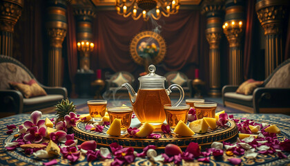 An artistic display of steaming tea, served with tropical fruits and floral petals, arranged on an ornate table in a luxurious, traditional room, exuding a sense of relaxation and richness.

