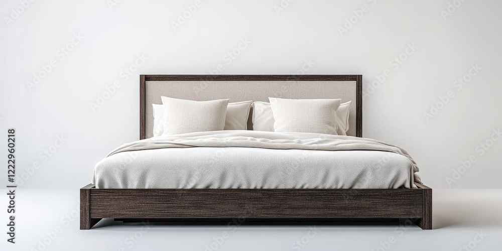 Poster stylish dark wood bed frame with cream bedding and ample blank space for text placement in modern in