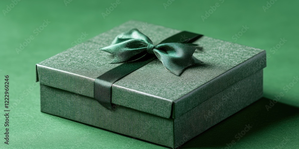 Poster Elegant green gift box with bow on a smooth background perfect for special occasions and customizable text space for promotions or invitations