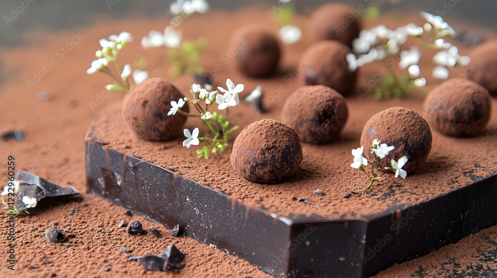 Poster a rustic presentation of chocolate truffles dusted with cocoa powder and styled with small decorativ