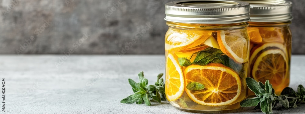 Poster Dried Orange Slices in Jar with Fresh Herbs Background for Culinary and Crafting Use with Blank Space for Custom Text