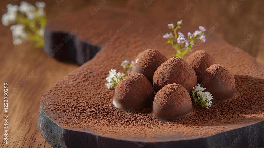 Poster a rustic presentation of chocolate truffles dusted with cocoa powder and styled with small decorativ